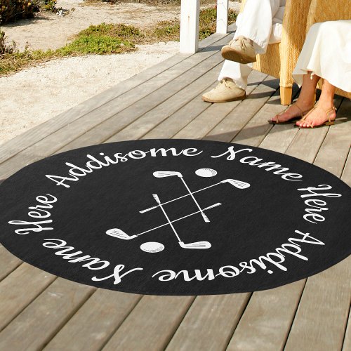 Monogrammed Golf Ball Black n White Golfer round Rug