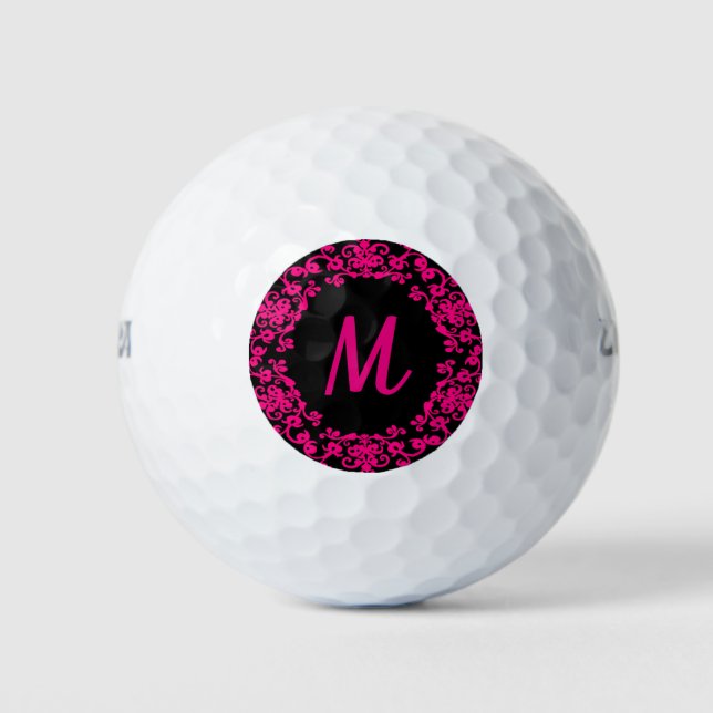 Monogrammed Golf Ball Girly Black & Bright Pink (Front)