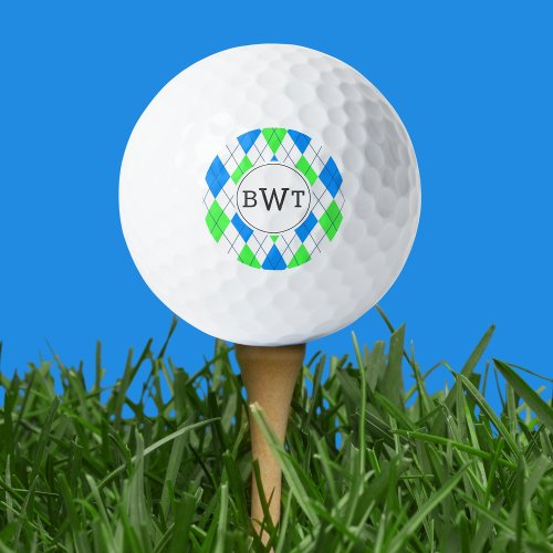 Monogrammed Golf Balls  Blue Green Argyle Pattern