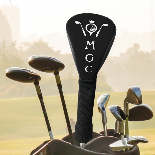 Monogrammed Golf Clubs and Crown Logo Black White Golf Head Cover