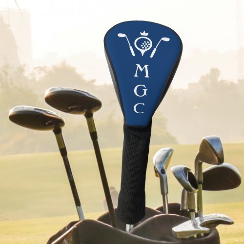 Monogrammed Golf Clubs and Crown Logo Blue White Golf Head Cover