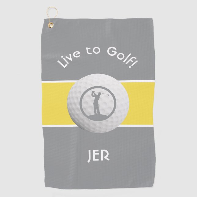 Monogrammed Golf Player Sports Quote Gray & Yellow Golf Towel (Front)