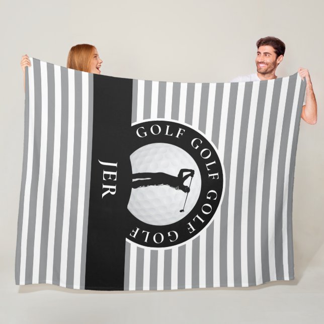 Monogrammed Golfer Gray Black Stripes For Him Fleece Blanket (In Situ)