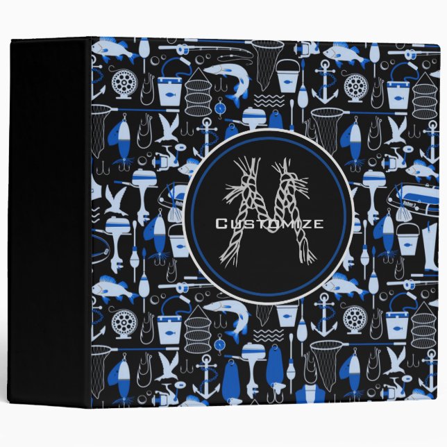 Monogrammed Gone Fishing Blue Pattern 3 Ring Binder (Front/Spine)