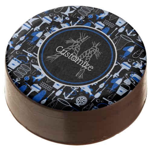Monogrammed Gone Fishing Blue Pattern Chocolate Covered Oreo