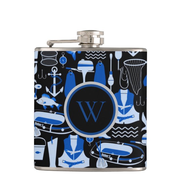 Monogrammed Gone Fishing Blue Pattern Flask (Front)