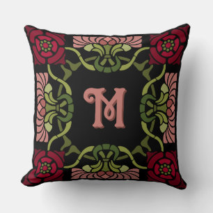 Monogrammed Goth Art Nouveau Rose and Dahlia Reds Throw Pillow