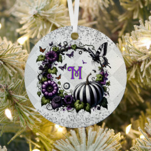 Monogrammed Goth Halloween Tree Pumpkin Metal Ornament