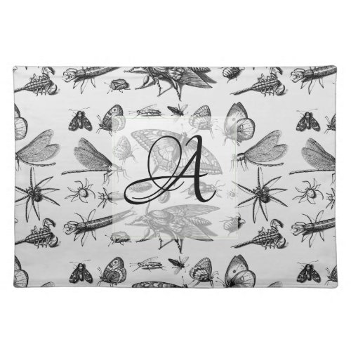 Monogrammed GOTHIC BUGS Vintage Ink Insects Black Cloth Placemat