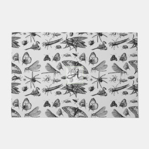 Monogrammed GOTHIC BUGS Vintage Ink Insects Black Doormat