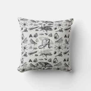 Monogrammed GOTHIC BUGS Vintage Ink Insects Black Throw Pillow