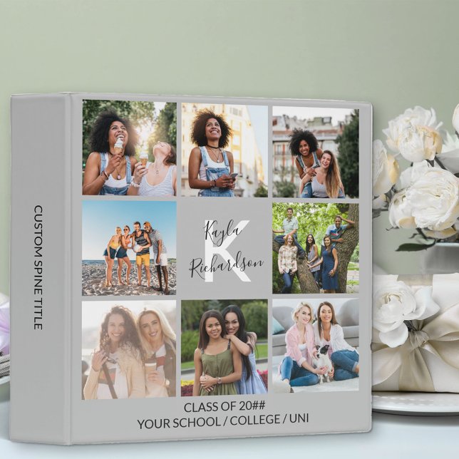 Monogrammed Graduation Quote 8 Photo Collage Grey 3 Ring Binder (Creator Uploaded)