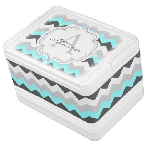 Monogrammed Gray and Aqua Chevron Pattern Cooler