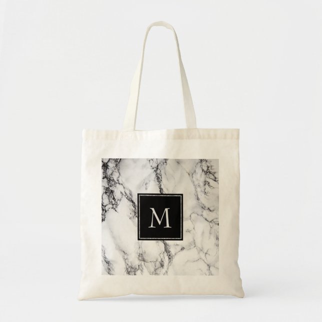 Monogrammed Gray And Black Marble Pattern Tote Bag (Front)