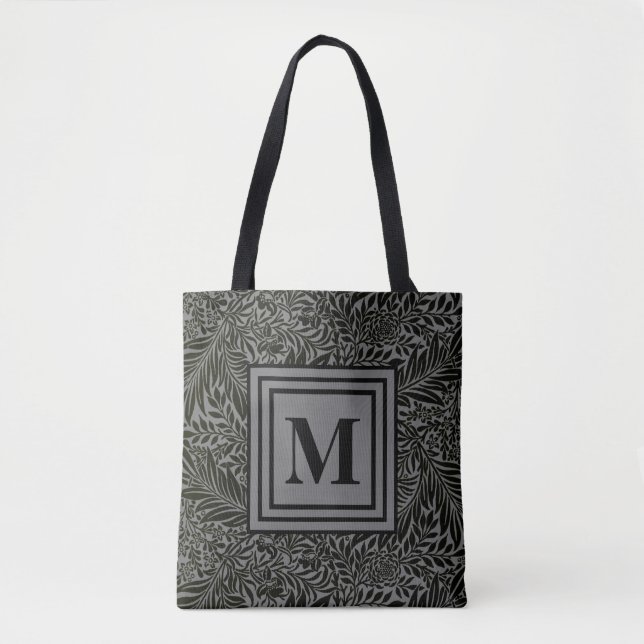 Monogrammed Gray and Black William Morris Foliage Tote Bag (Front)
