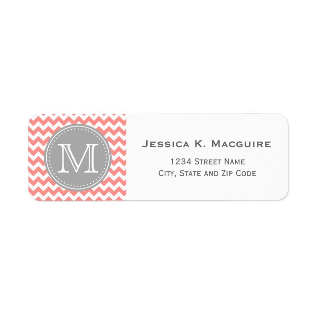 Monogrammed Gray and Coral Pink Chevron Label (Front)