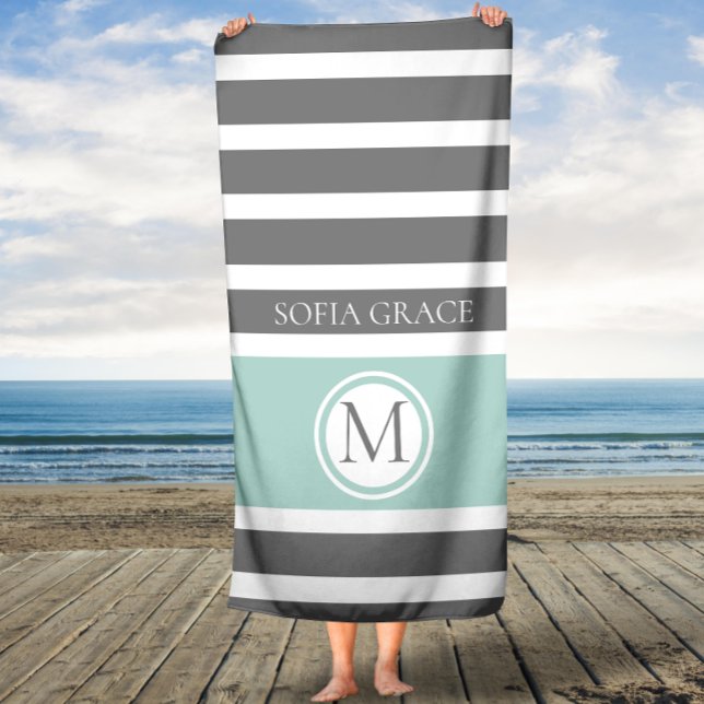 Monogrammed Gray and Mint Stripes Bath Towel (Creator Uploaded)