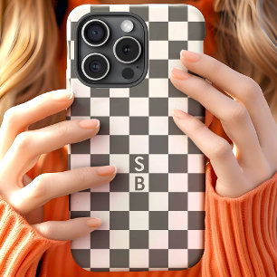 Monogrammed Gray And White Checkerboard Pattern iPhone 15 Case