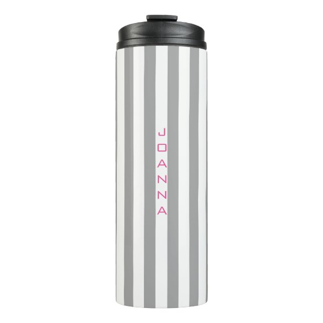 Monogrammed Gray And White Stripes Thermal Tumbler (Front)