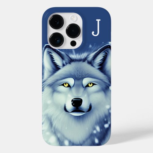 Monogrammed Gray and White Wolf Portrait  Case_Mate iPhone 14 Pro Case