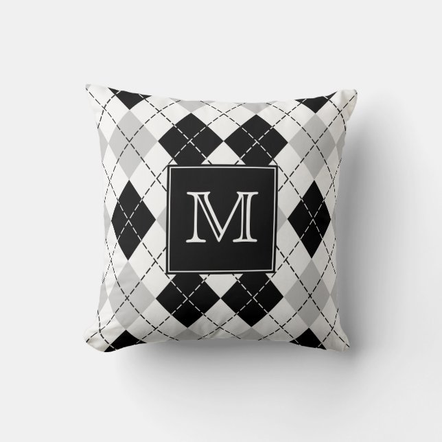Monogrammed Gray Black and White Argyle Throw Pillow (Front)