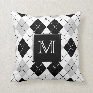 Monogrammed Gray Black and White Argyle Throw Pillow