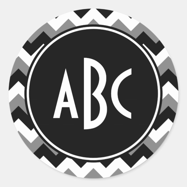 Monogrammed Gray Black and White Zigzag Classic Round Sticker (Front)