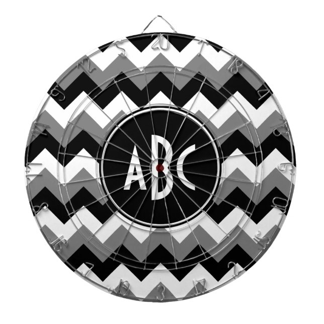 Monogrammed Gray Black and White Zigzag Dart Board (Front)