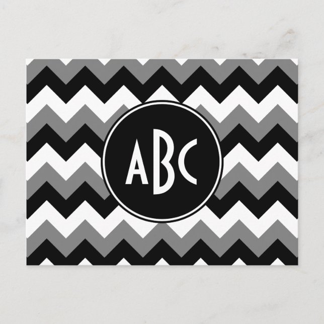 Monogrammed Gray Black and White Zigzag Postcard (Front)