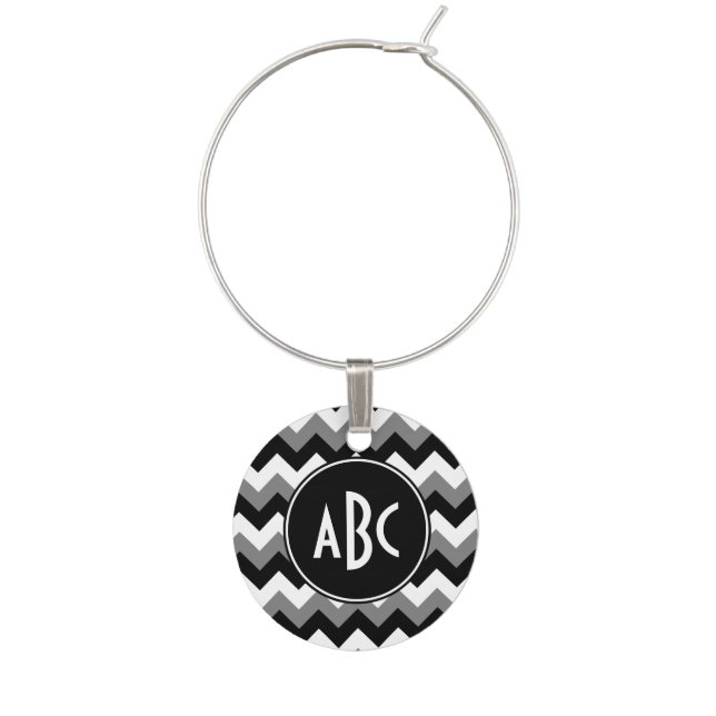 Monogrammed Gray Black and White Zigzag Wine Glass Charm (Front)