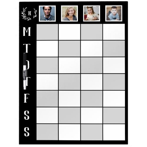 Monogrammed Gray Black Four Family Weekly Schedule Dry Erase Board