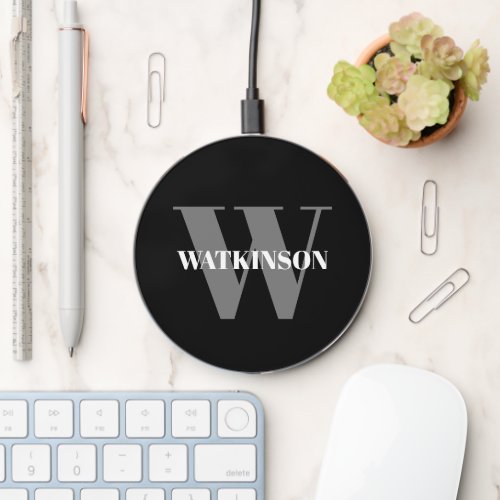 Monogrammed gray black white name initial modern wireless charger 