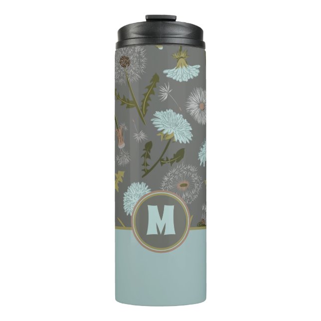 Monogrammed Gray Blue Dandelion Flowers Thermal Tumbler (Front)