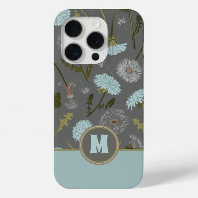Monogrammed Gray Blue Dandelion Whimsical Flowers Case-Mate iPhone Case (Back)