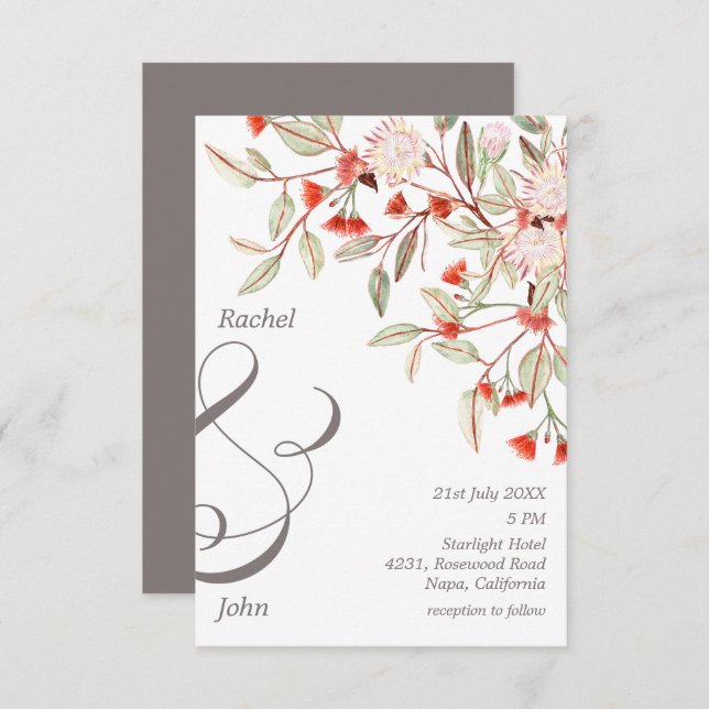 Monogrammed Gray & Blush Australian Floral Wedding Invitation (Front/Back)