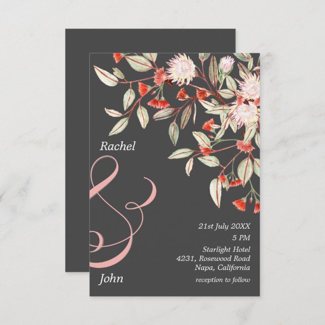 Monogrammed Gray & Blush Australian Floral Wedding Invitation (Front/Back)