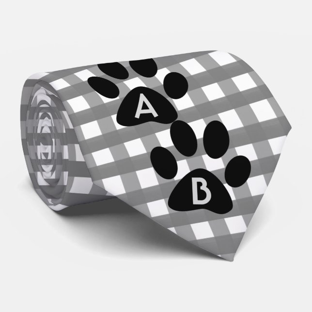 Monogrammed Gray Checkered Pattern w Pet Paw Print Tie (Rolled)