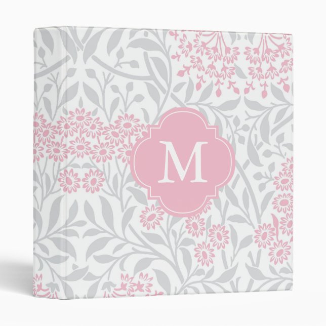 Monogrammed Gray Pink Floral Damask Pattern Binder (Front/Spine)