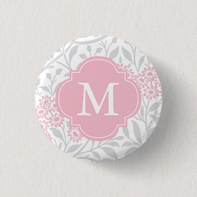 Monogrammed Gray Pink Floral Damask Pattern Pinback Button (Front)