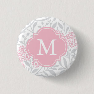 Monogrammed Gray Pink Floral Damask Pattern Pinback Button
