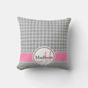 Monogrammed Gray Pink Houndstooth Pattern Throw Pillow