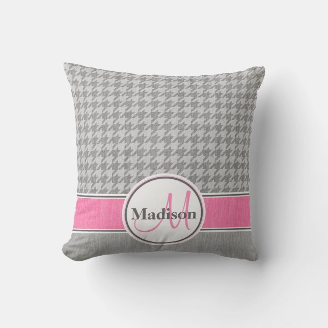 Monogrammed Gray Pink Houndstooth Pattern Throw Pillow (Front)