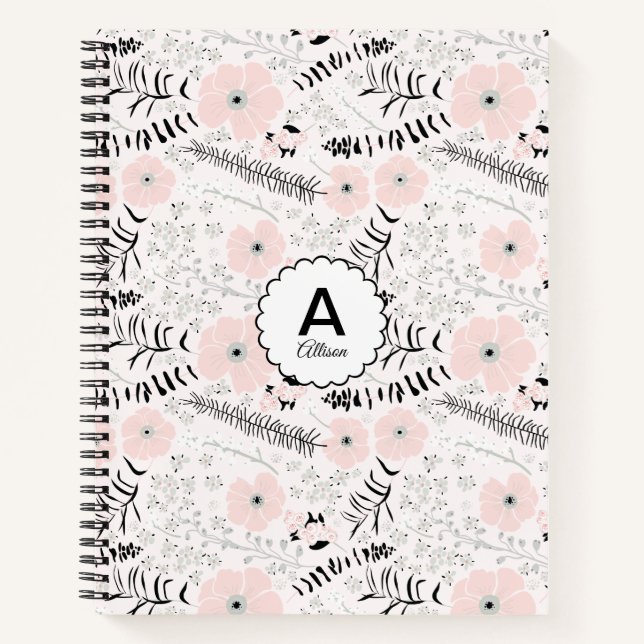 Monogrammed Gray Pink Patterned Whimsical Flowers Notebook (Front)