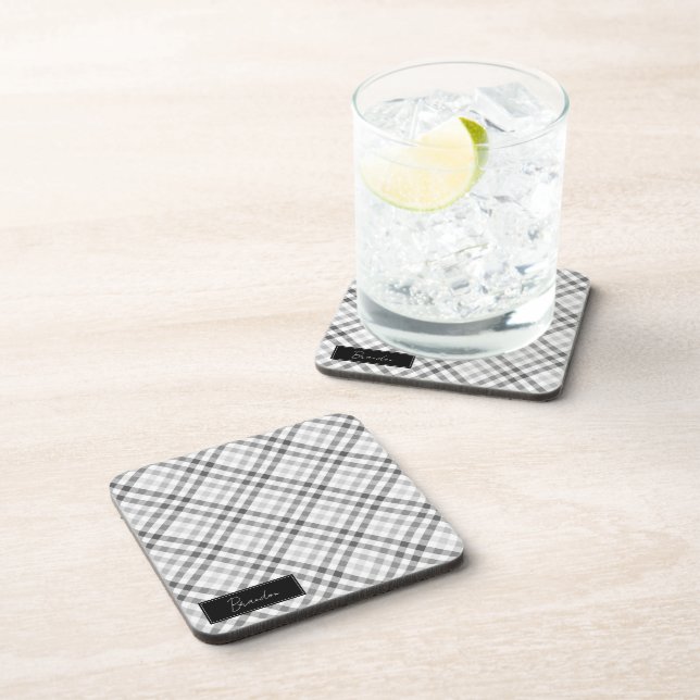 Monogrammed Gray Tartan Beverage Coaster (Right Side)