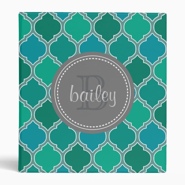 Monogrammed Gray Teal Modern Lattice Pattern Binder (Front)