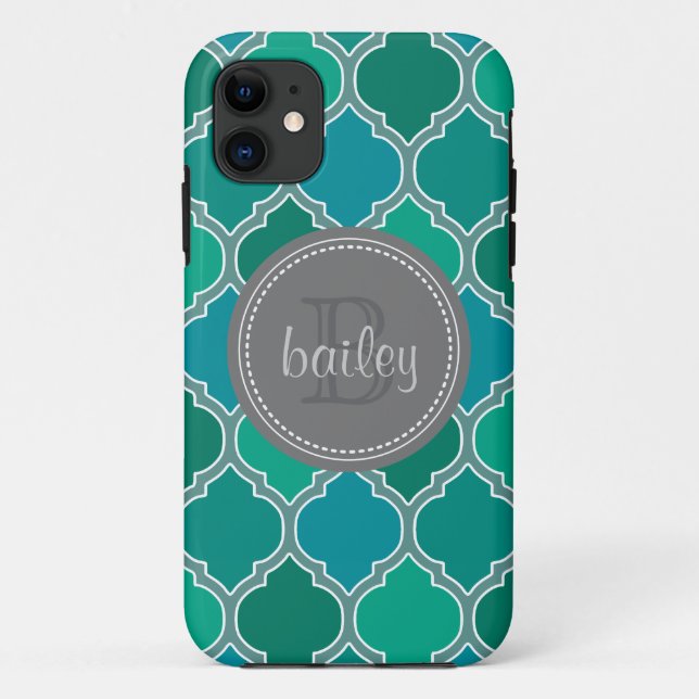 Monogrammed Gray Teal Modern Lattice Pattern Case-Mate iPhone Case (Back)