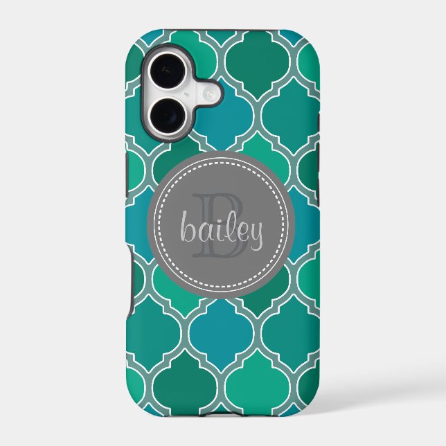 Monogrammed Gray Teal Modern Lattice Pattern Iphone Case (Back)