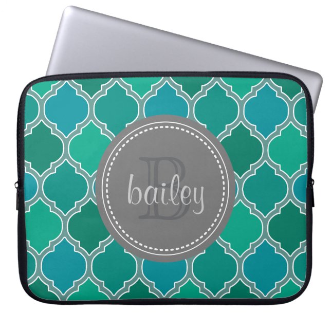 Monogrammed Gray Teal Modern Lattice Pattern Laptop Sleeve (Front)