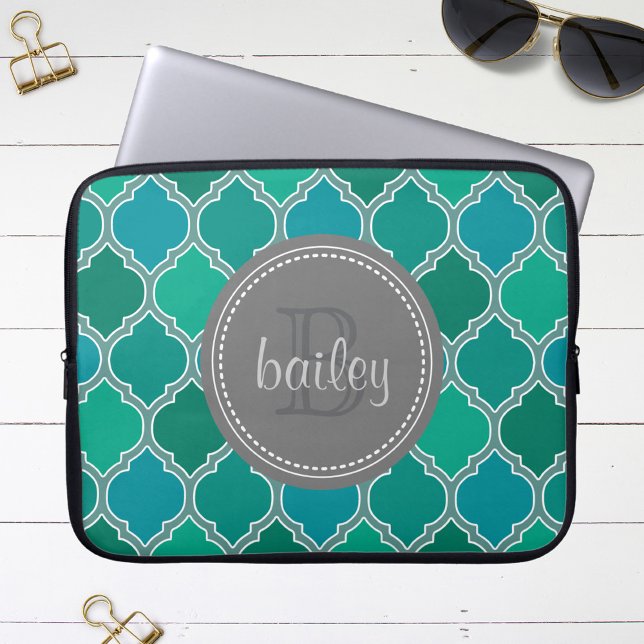Monogrammed Gray Teal Modern Lattice Pattern Laptop Sleeve (Creator Uploaded)