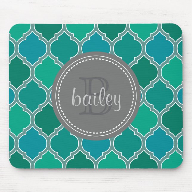 Monogrammed Gray Teal Modern Lattice Pattern Mouse Pad (Front)